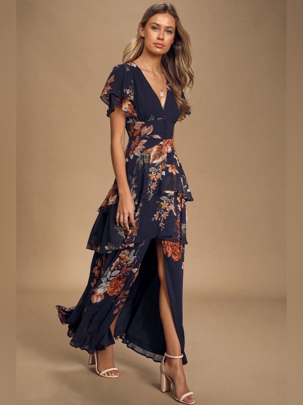 Lulus Midnight Mood Navy Blue Floral Print Tiered Maxi Dress- XS